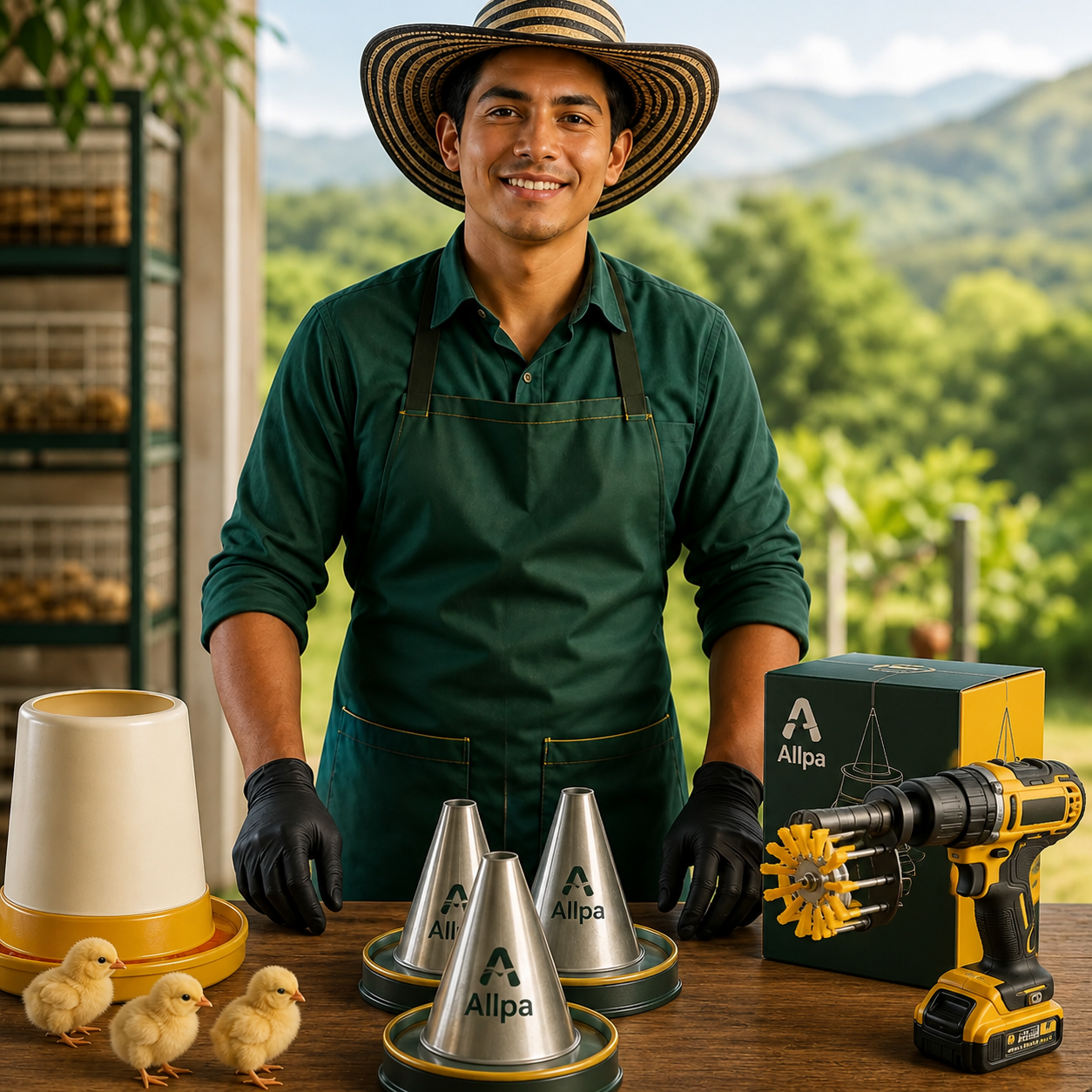 Avicultor iniciando su proceso con equipos básicos Allpa Tech y pocos pollitos
